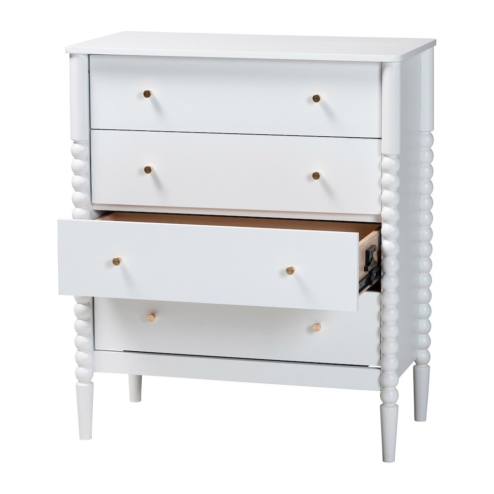Lucera Mid-Century White Bobbin Wood 4-Drawer Chest. Picture 2