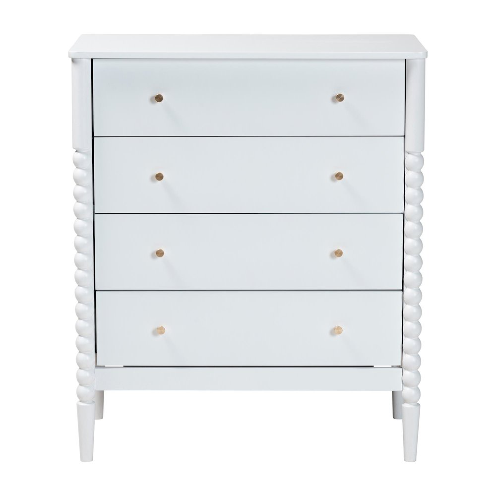 Lucera Mid-Century White Bobbin Wood 4-Drawer Chest. Picture 3