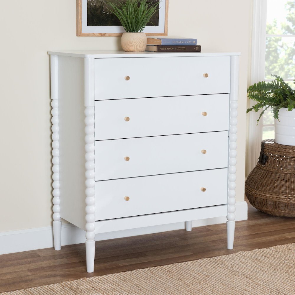 Lucera Mid-Century White Bobbin Wood 4-Drawer Chest. Picture 8