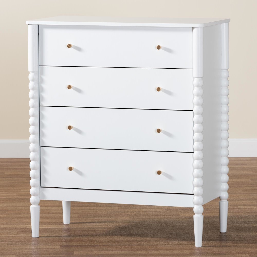 Lucera Mid-Century White Bobbin Wood 4-Drawer Chest. Picture 9