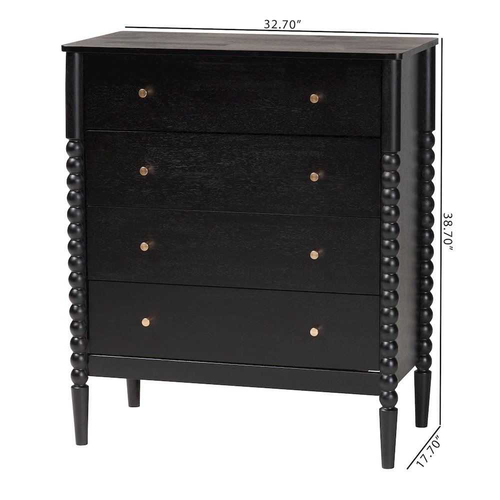 Lucera Mid-Century Black Bobbin Wood 4-Drawer Chest. Picture 10