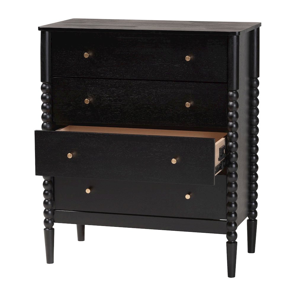 Lucera Mid-Century Black Bobbin Wood 4-Drawer Chest. Picture 2