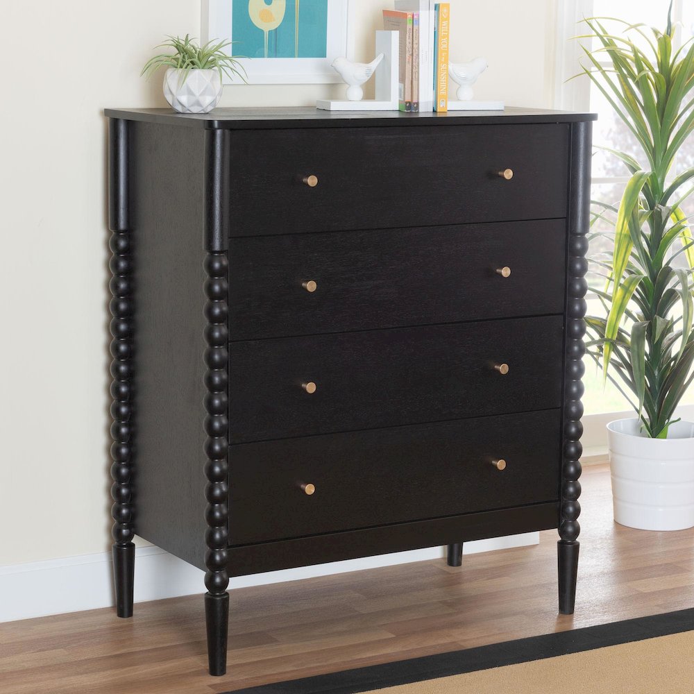 Lucera Mid-Century Black Bobbin Wood 4-Drawer Chest. Picture 8