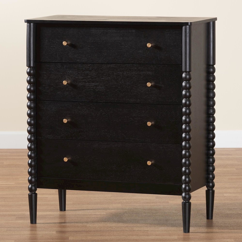 Lucera Mid-Century Black Bobbin Wood 4-Drawer Chest. Picture 9
