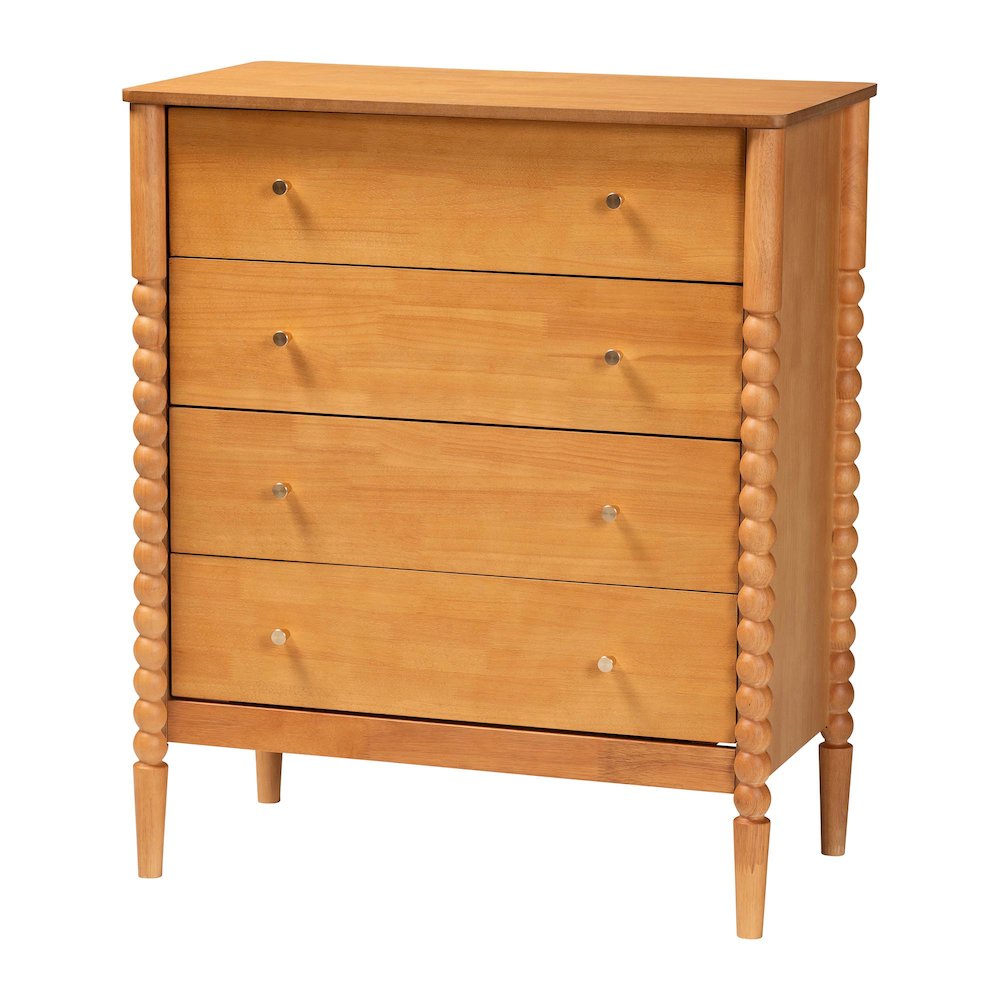 Lucera Mid-Century Oak Brown Bobbin Wood 4-Drawer Chest. Picture 1