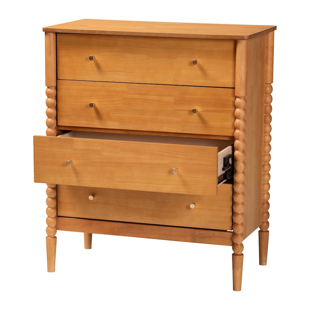 Lucera Mid-Century Oak Brown Bobbin Wood 4-Drawer Chest. Picture 2