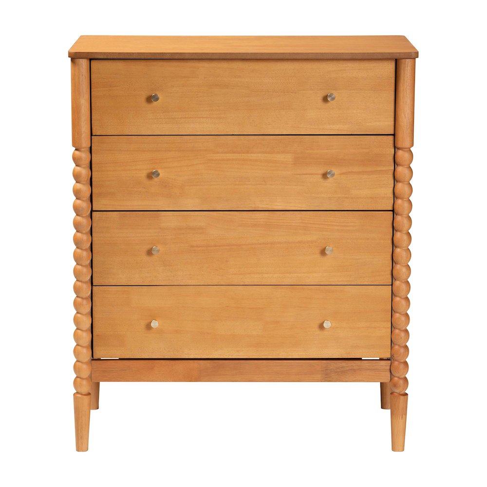 Lucera Mid-Century Oak Brown Bobbin Wood 4-Drawer Chest. Picture 3