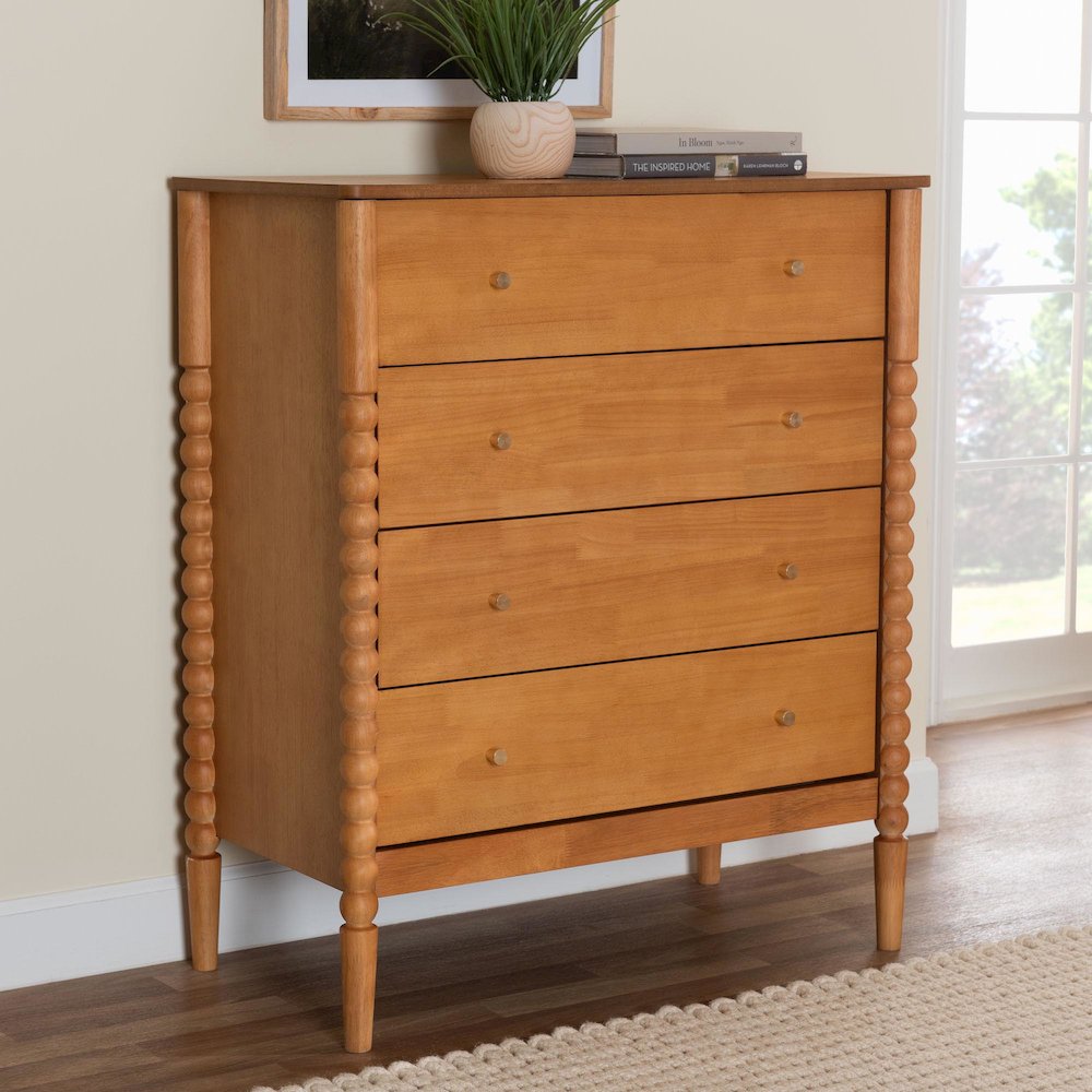 Lucera Mid-Century Oak Brown Bobbin Wood 4-Drawer Chest. Picture 8