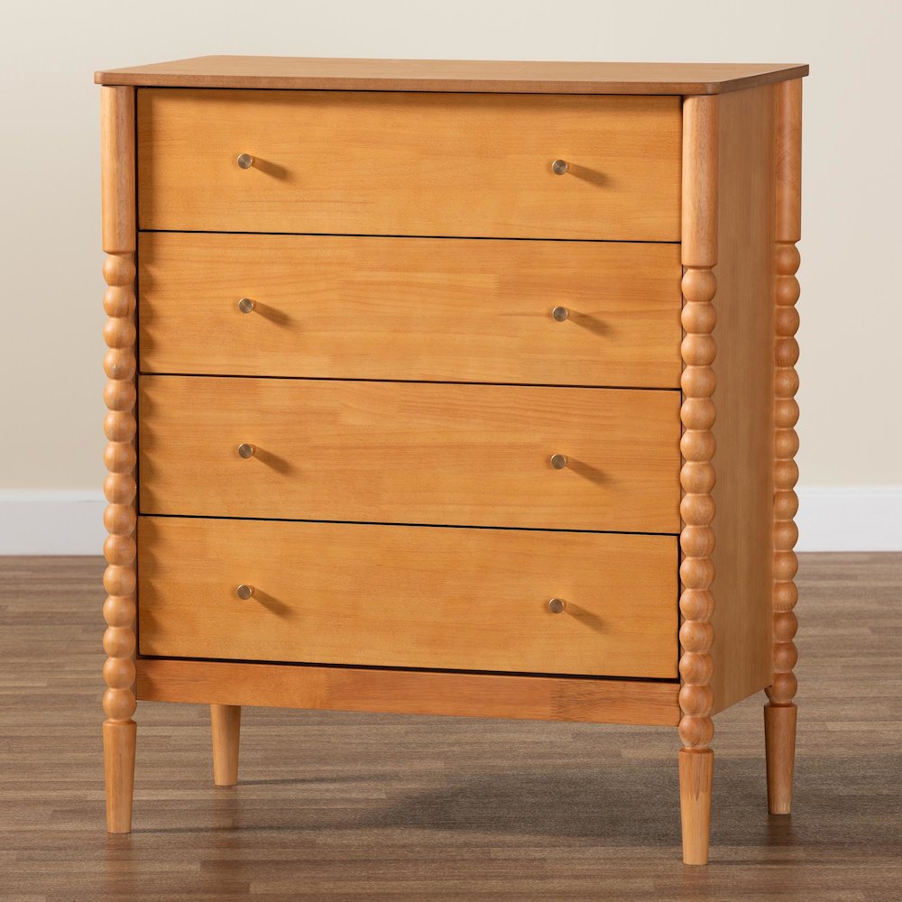 Lucera Mid-Century Oak Brown Bobbin Wood 4-Drawer Chest. Picture 9