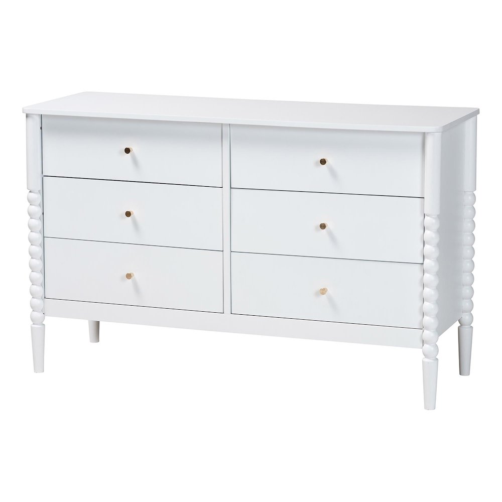 Lucera Mid-Century White Bobbin Wood 6-Drawer Dresser. Picture 1