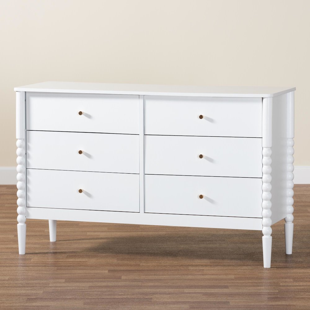 Lucera Mid-Century White Bobbin Wood 6-Drawer Dresser. Picture 10