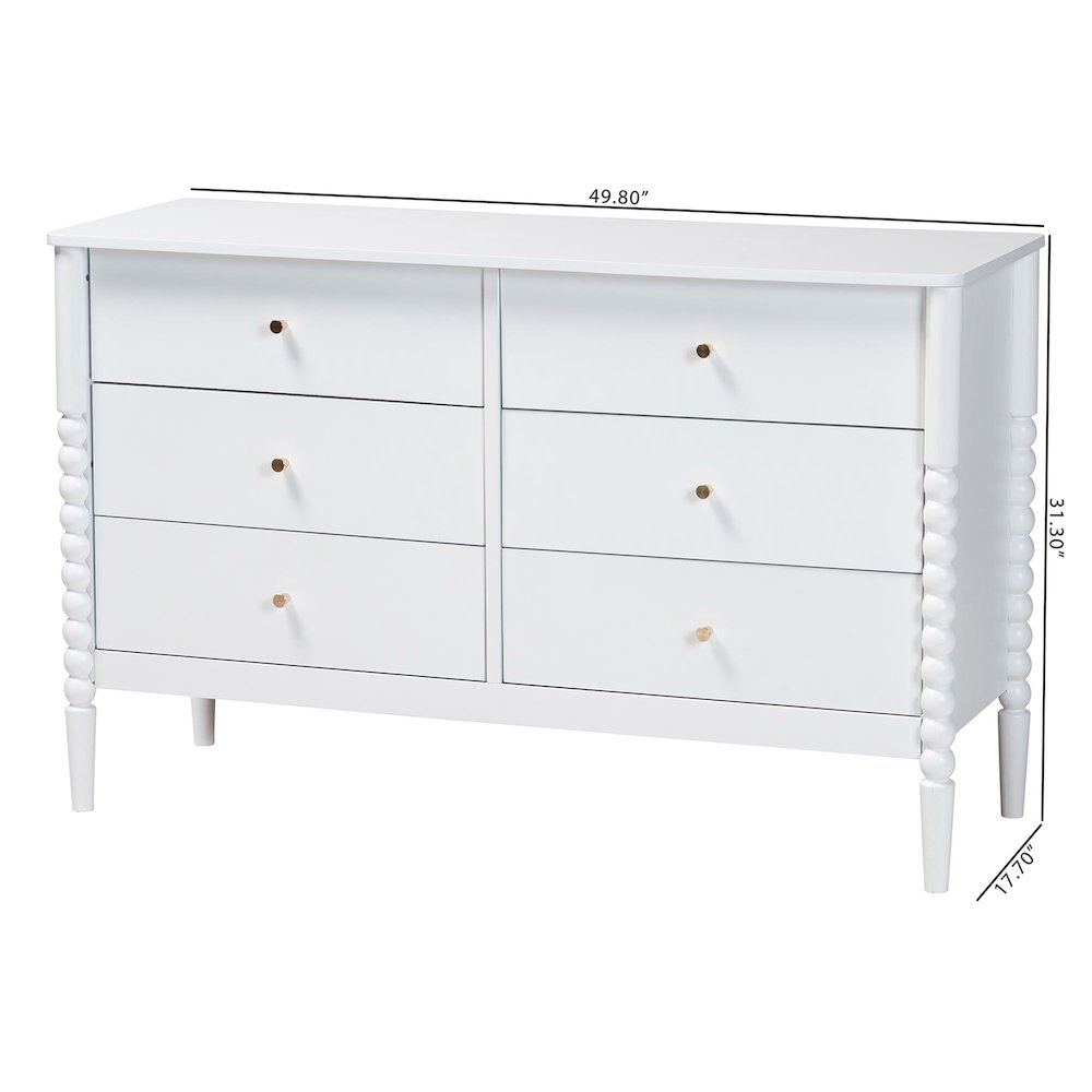 Lucera Mid-Century White Bobbin Wood 6-Drawer Dresser. Picture 11