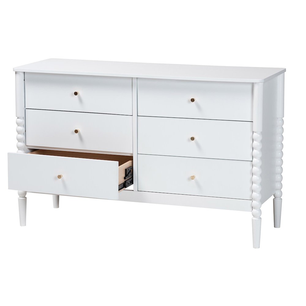 Lucera Mid-Century White Bobbin Wood 6-Drawer Dresser. Picture 2