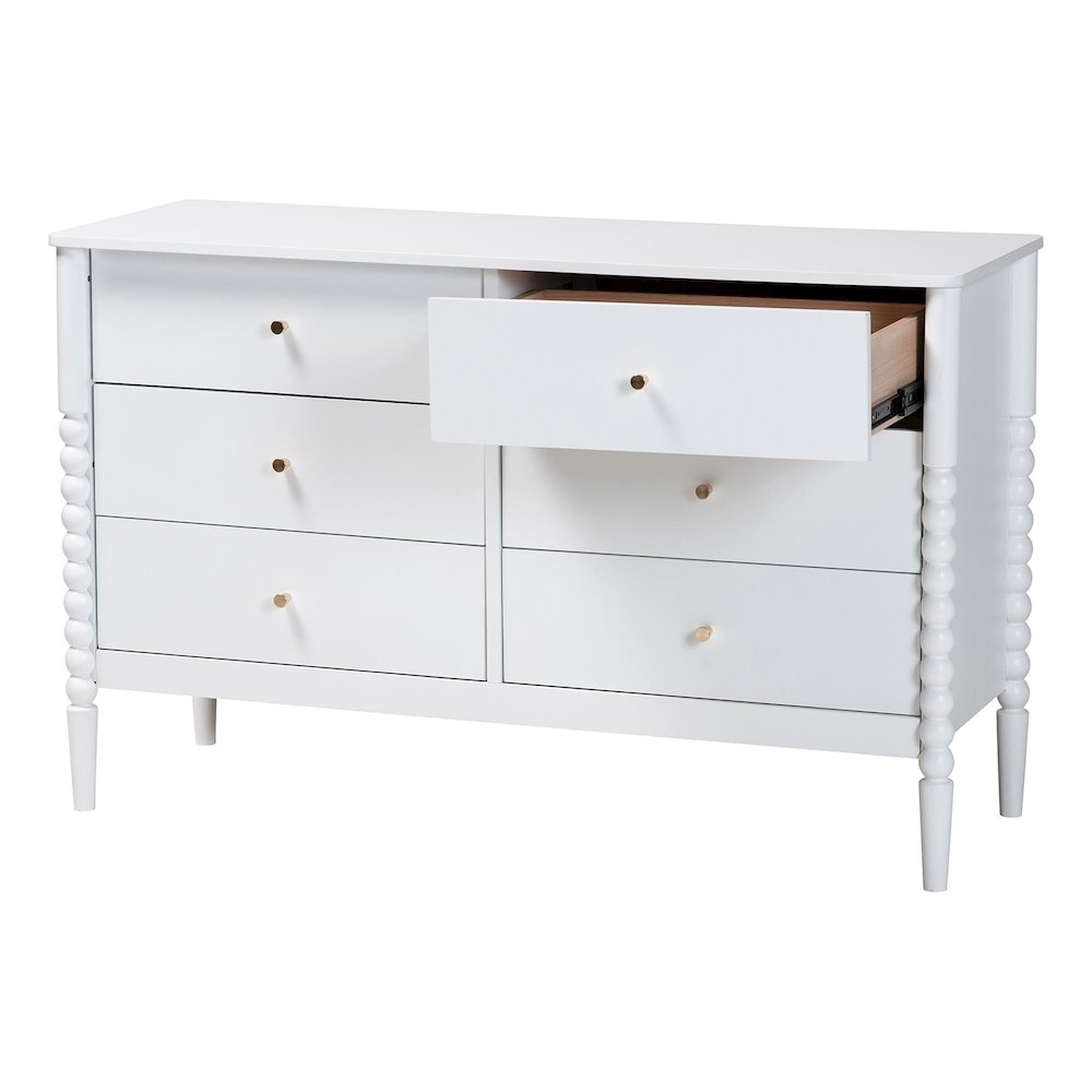 Lucera Mid-Century White Bobbin Wood 6-Drawer Dresser. Picture 3