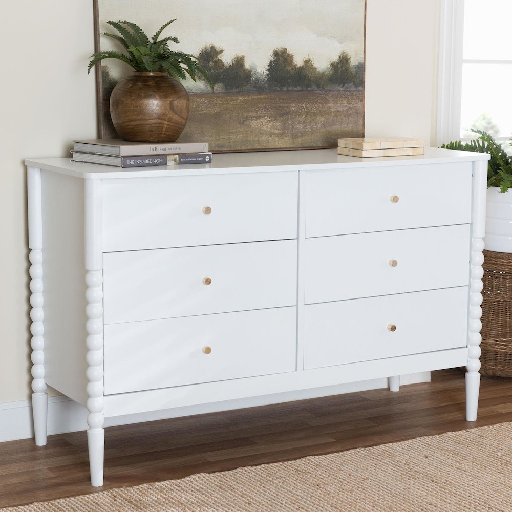 Lucera Mid-Century White Bobbin Wood 6-Drawer Dresser. Picture 9