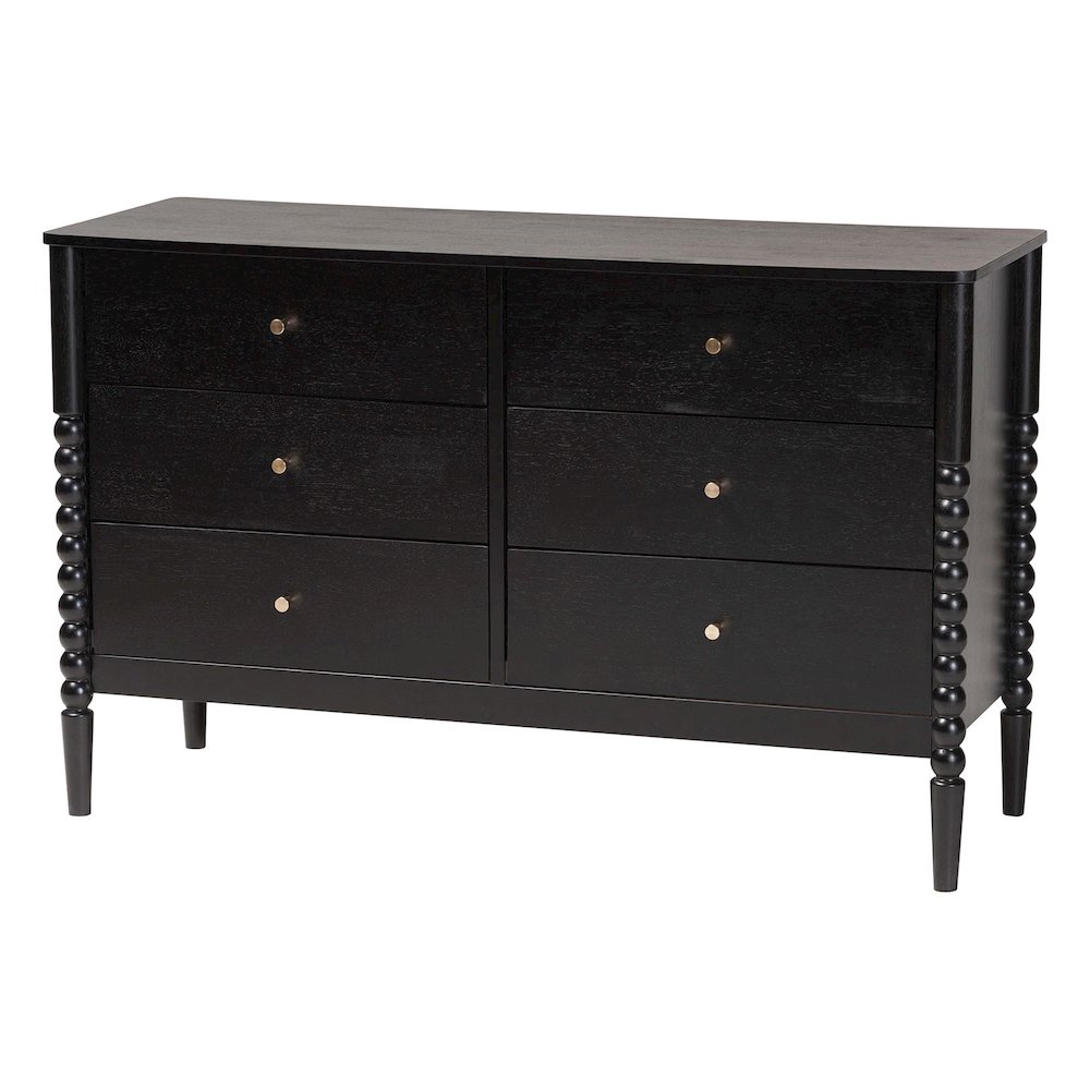 Lucera Mid-Century Black Bobbin Wood 6-Drawer Dresser. Picture 1