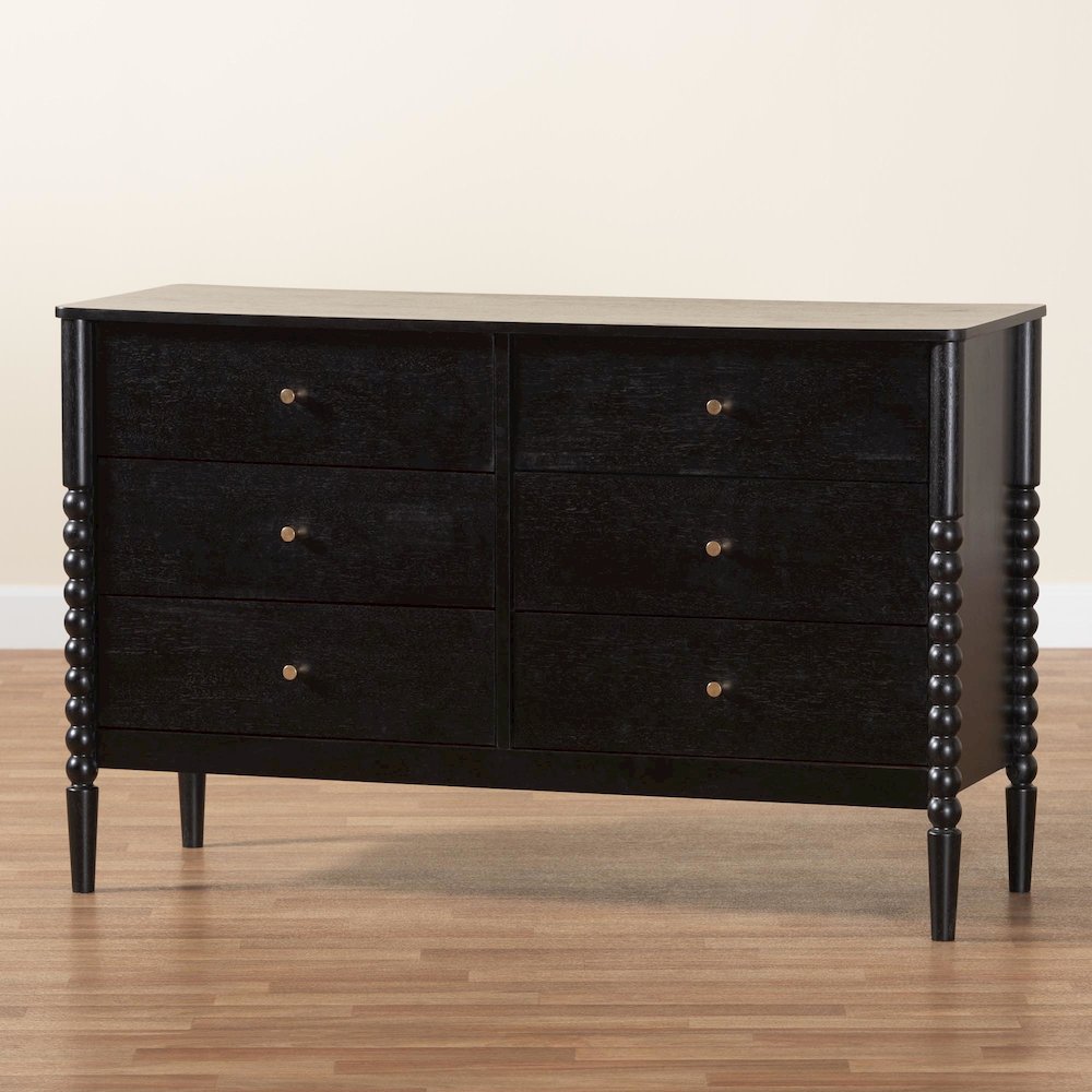 Lucera Mid-Century Black Bobbin Wood 6-Drawer Dresser. Picture 10