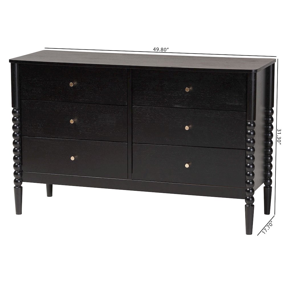 Lucera Mid-Century Black Bobbin Wood 6-Drawer Dresser. Picture 11