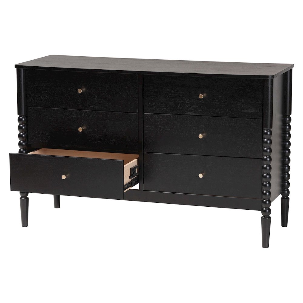 Lucera Mid-Century Black Bobbin Wood 6-Drawer Dresser. Picture 2