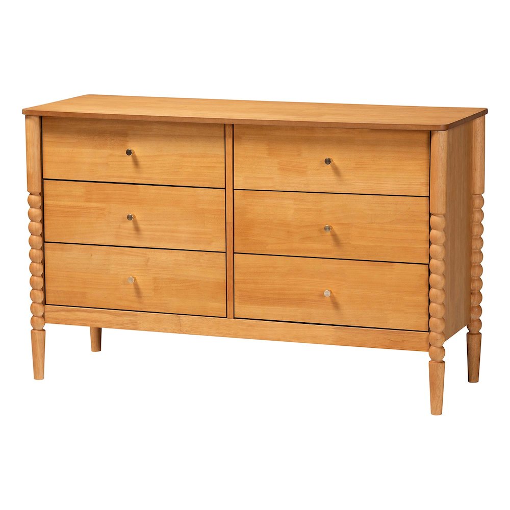 Lucera Mid-Century Oak Brown Bobbin Wood 6-Drawer Dresser. Picture 1