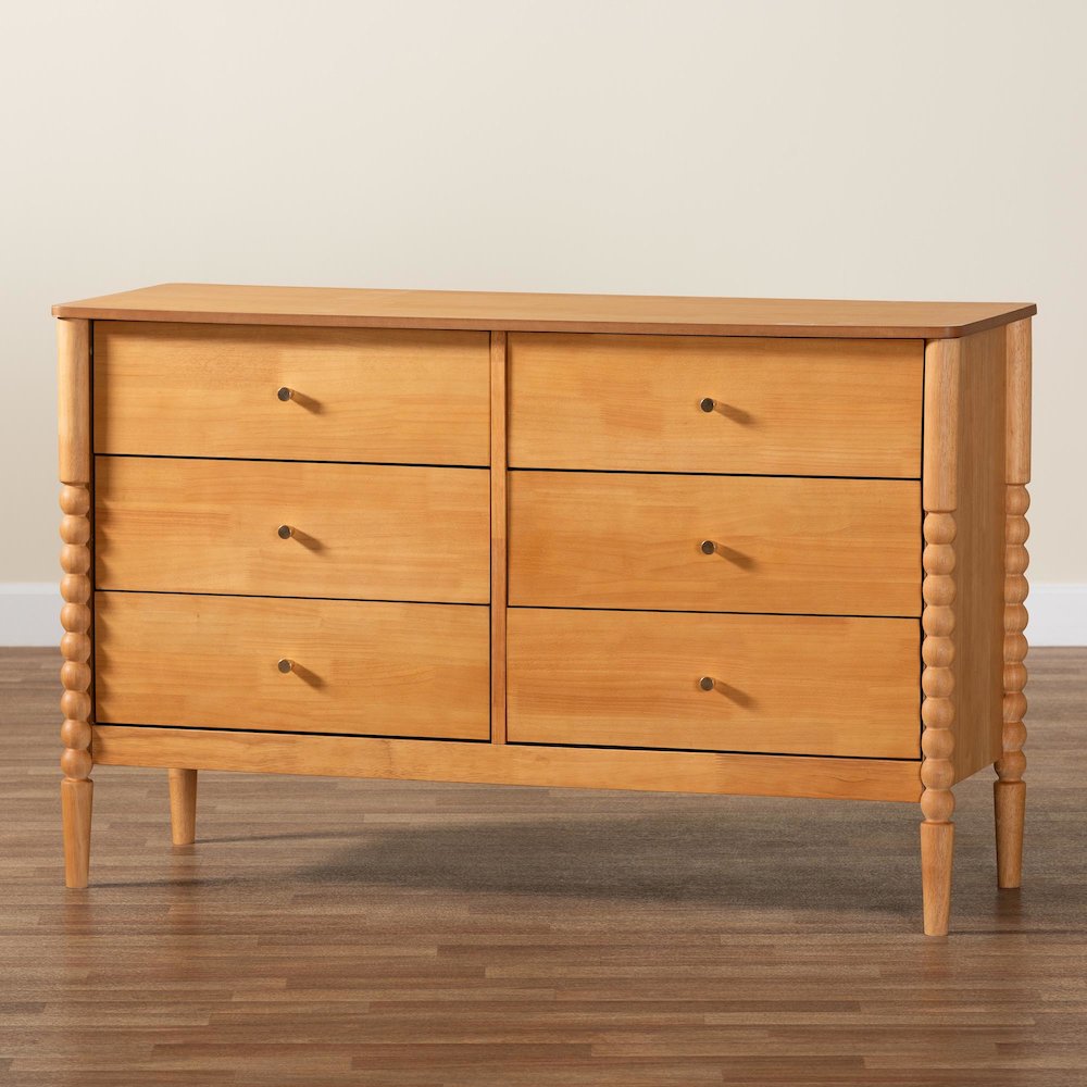 Lucera Mid-Century Oak Brown Bobbin Wood 6-Drawer Dresser. Picture 10