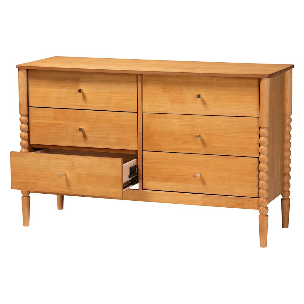 Lucera Mid-Century Oak Brown Bobbin Wood 6-Drawer Dresser. Picture 2