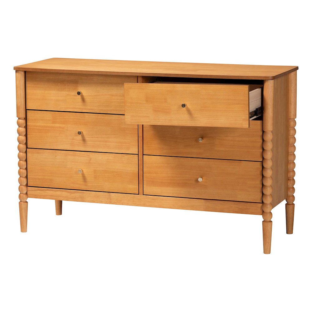 Lucera Mid-Century Oak Brown Bobbin Wood 6-Drawer Dresser. Picture 3