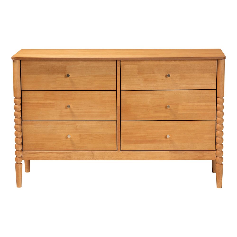 Lucera Mid-Century Oak Brown Bobbin Wood 6-Drawer Dresser. Picture 4
