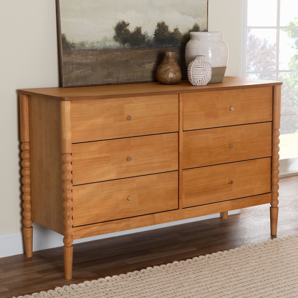 Lucera Mid-Century Oak Brown Bobbin Wood 6-Drawer Dresser. Picture 9