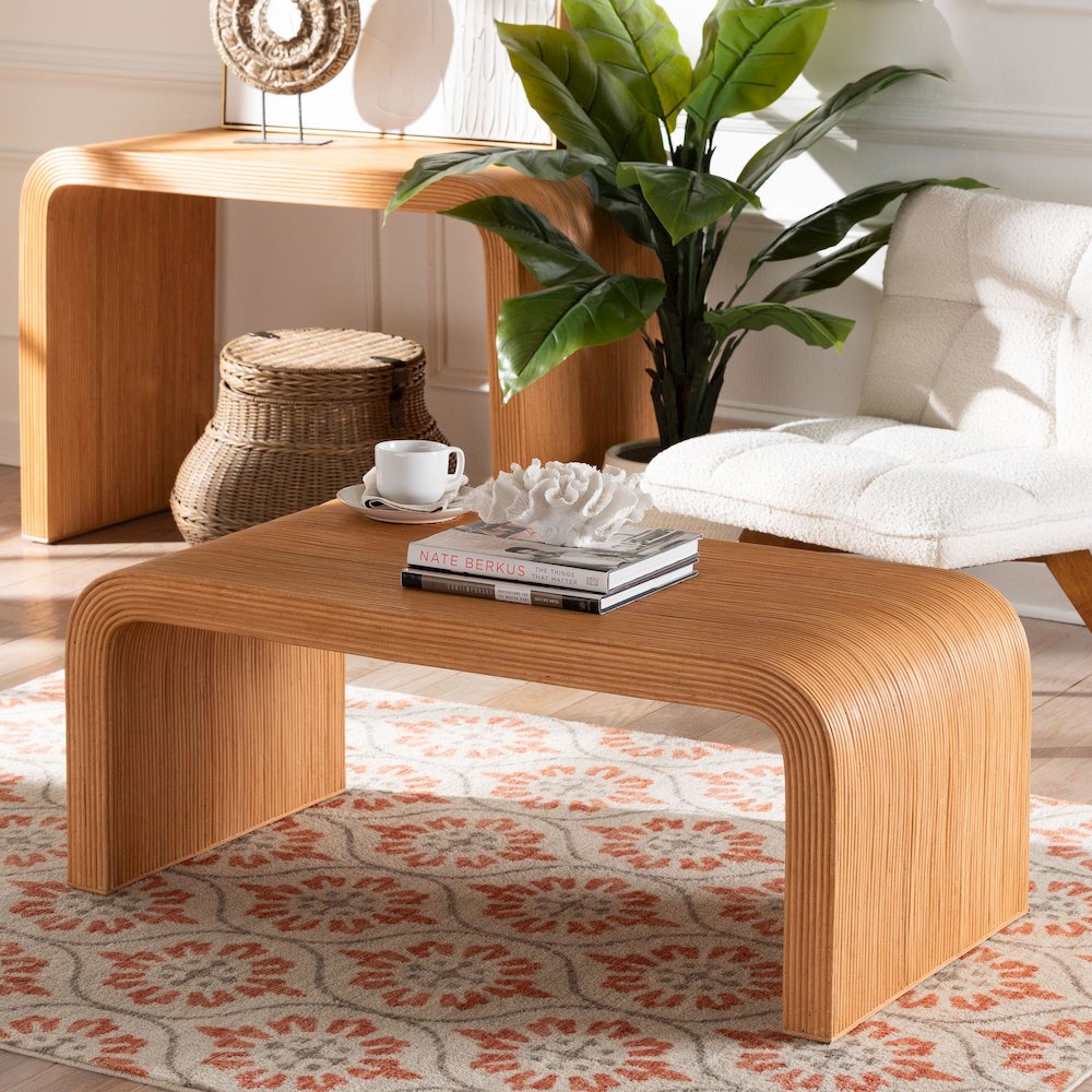 Guevara Bohemian Light Honey Fluted Rattan Coffee Table. Picture 6