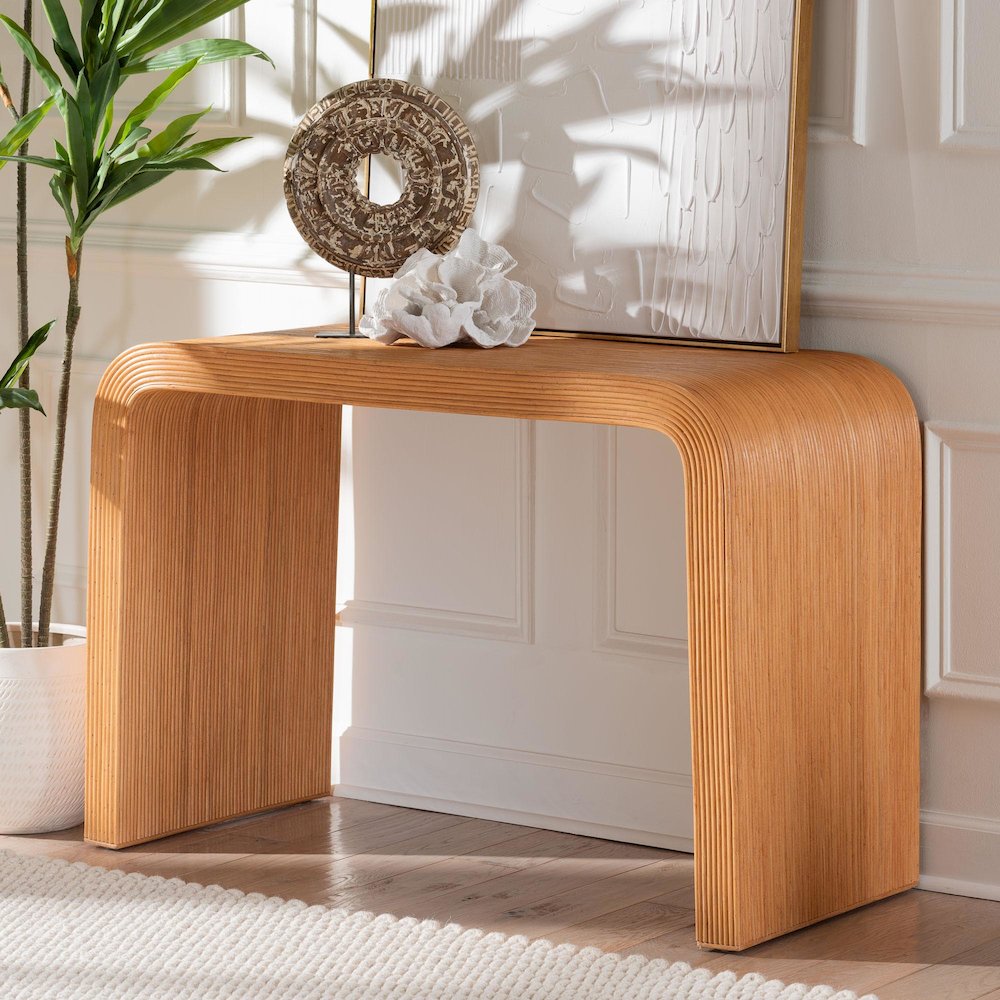 Guevara Bohemian Light Honey Fluted Rattan Console Table. Picture 6