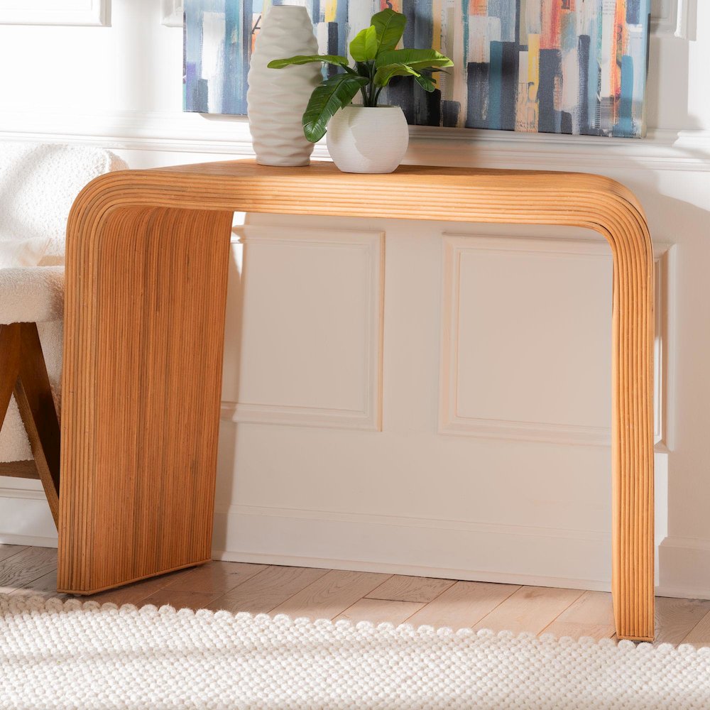Eilis Bohemian Light Honey Fluted Rattan Waterfall Console Table. Picture 10
