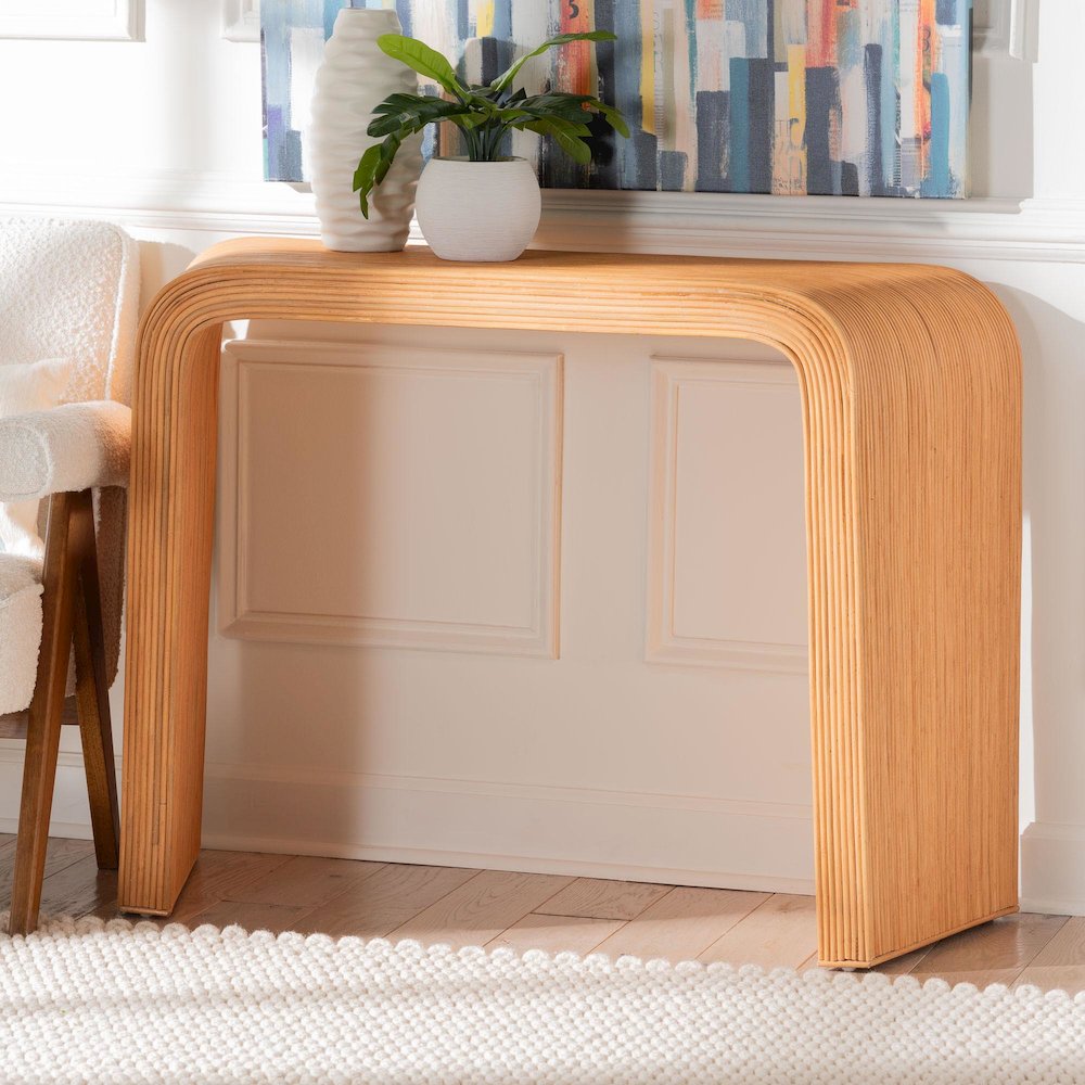Eilis Bohemian Light Honey Fluted Rattan Waterfall Console Table. Picture 9