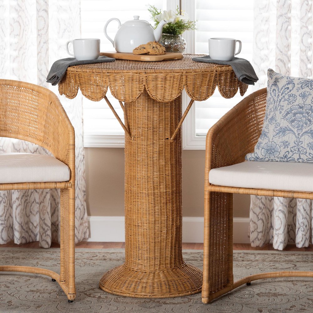 Pabla Bohemian Light Honey Rattan Scalloped Console Table. Picture 6