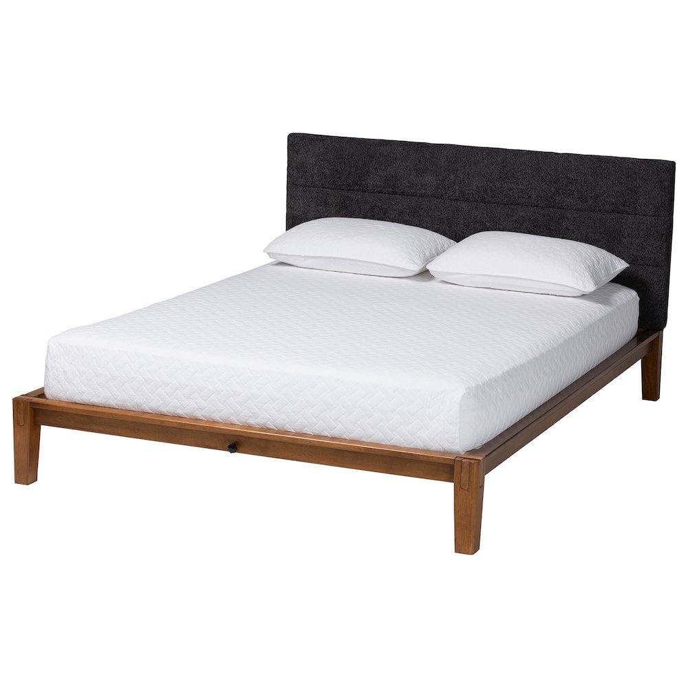Mariette Japandi Dark Grey Teddy Fabric and Walnut Brown Wood Queen Bed. Picture 1