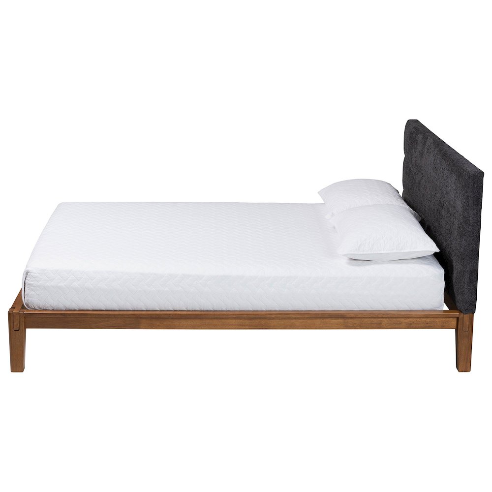 Mariette Japandi Dark Grey Teddy Fabric and Walnut Brown Wood Queen Bed. Picture 2