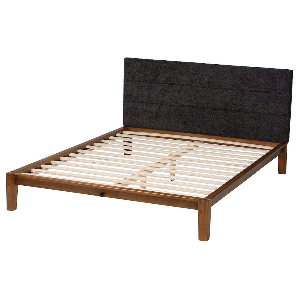 Mariette Japandi Dark Grey Teddy Fabric and Walnut Brown Wood Queen Bed. Picture 3