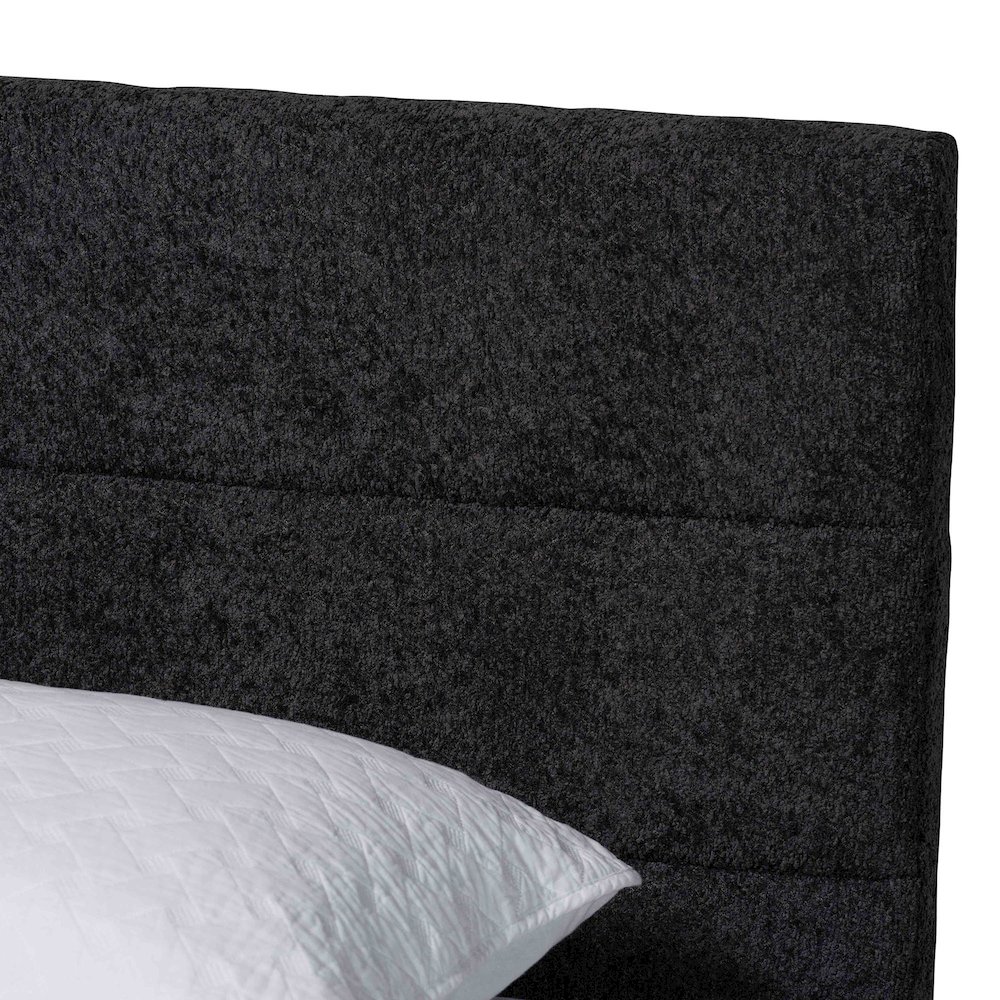 Mariette Japandi Dark Grey Teddy Fabric and Walnut Brown Wood Queen Bed. Picture 4