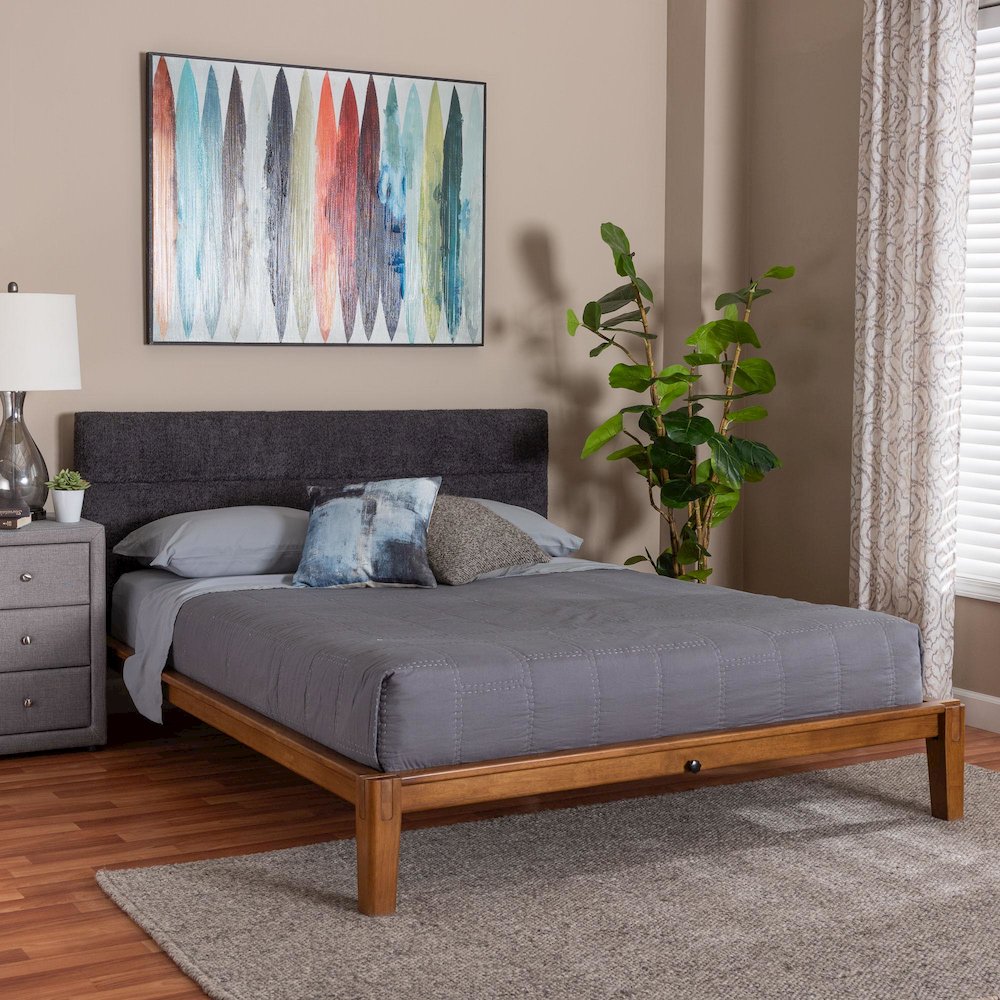 Mariette Japandi Dark Grey Teddy Fabric and Walnut Brown Wood Queen Bed. Picture 7