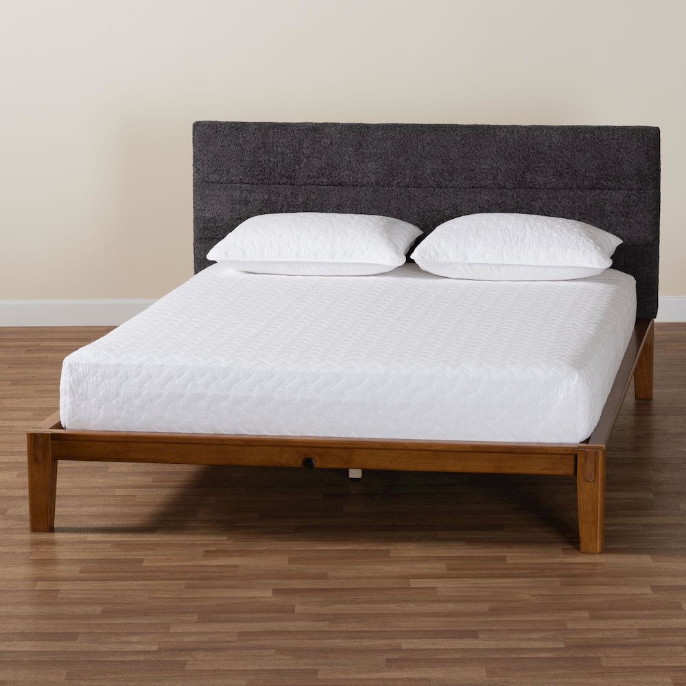Mariette Japandi Dark Grey Teddy Fabric and Walnut Brown Wood Queen Bed. Picture 8