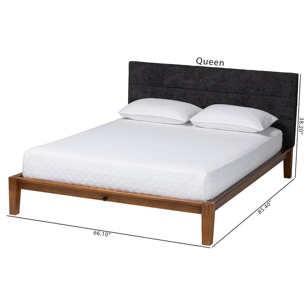 Mariette Japandi Dark Grey Teddy Fabric and Walnut Brown Wood Queen Bed. Picture 9