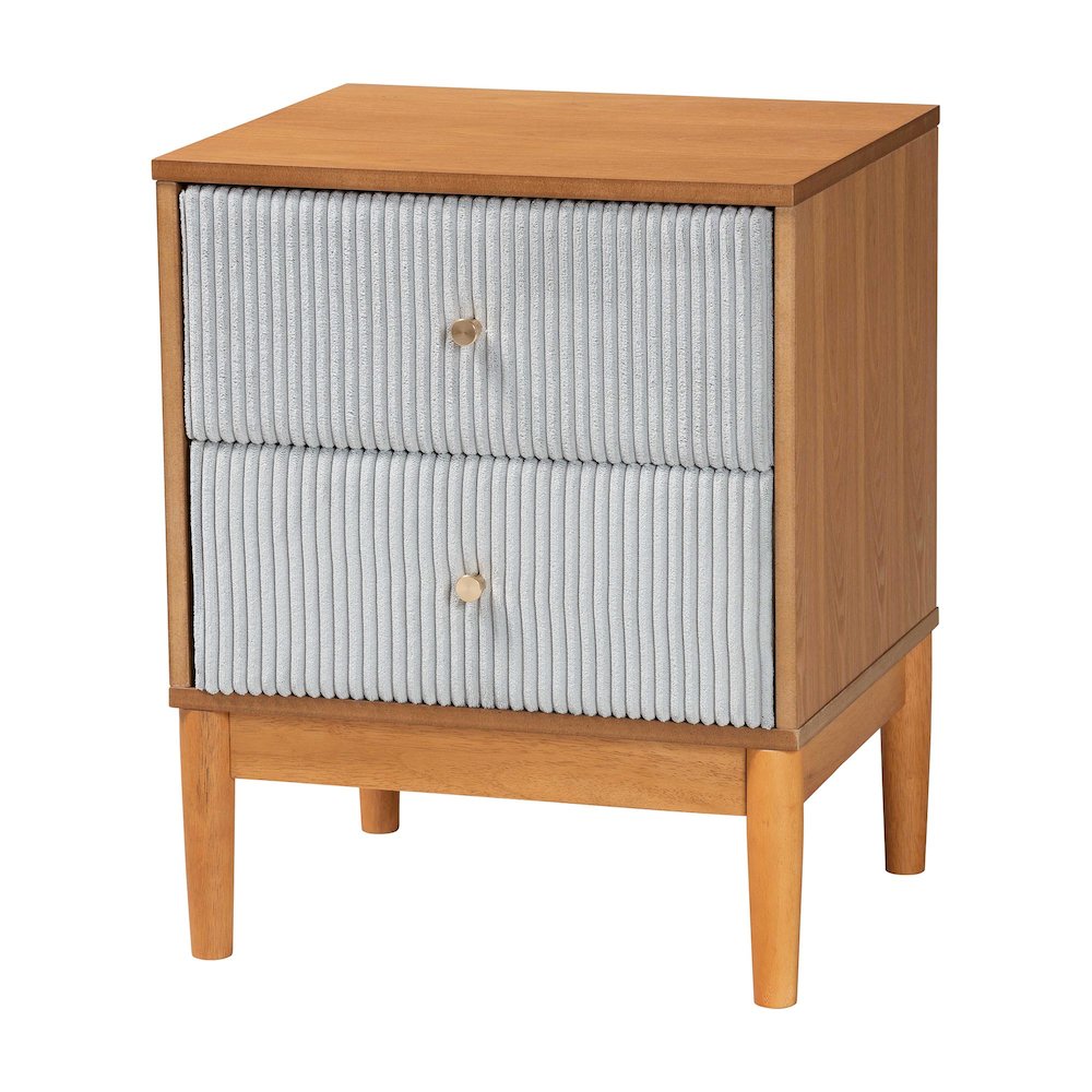 Taylin Mid-Century Grey Corduroy and Oak Brown Wood 2-Drawer Nightstand. Picture 1