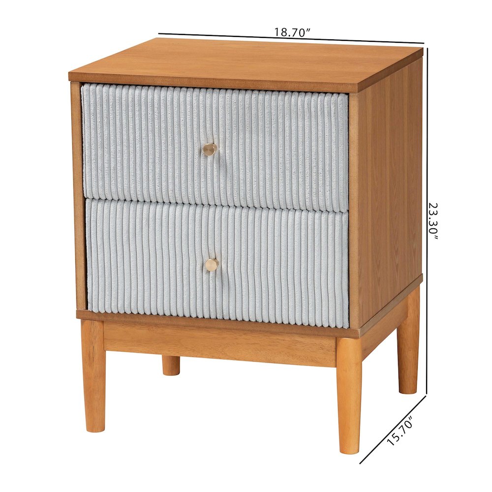 Taylin Mid-Century Grey Corduroy and Oak Brown Wood 2-Drawer Nightstand. Picture 10