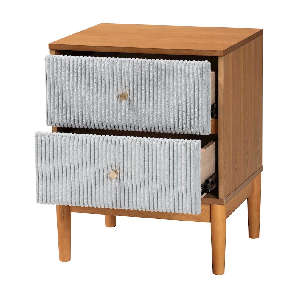 Taylin Mid-Century Grey Corduroy and Oak Brown Wood 2-Drawer Nightstand. Picture 2