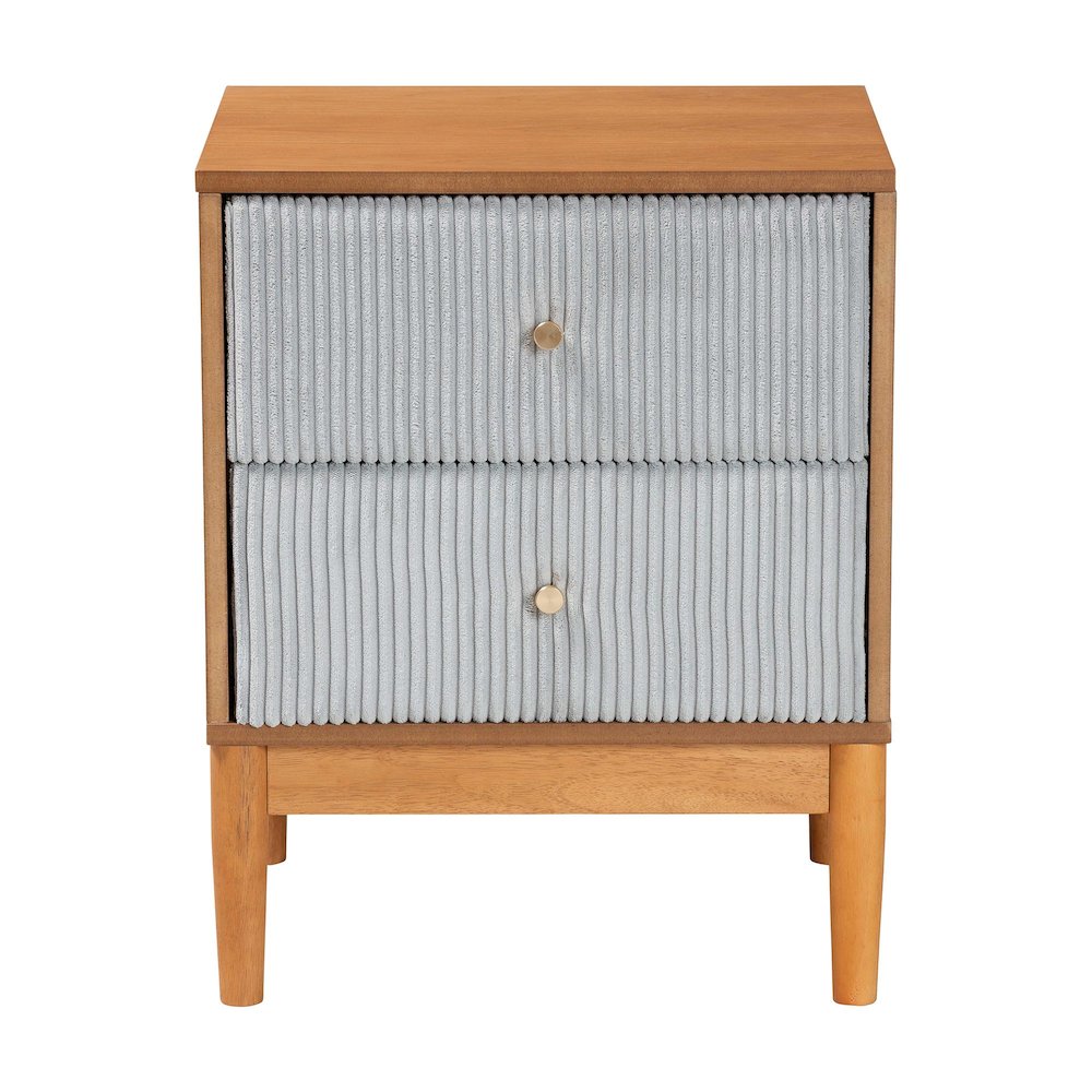 Taylin Mid-Century Grey Corduroy and Oak Brown Wood 2-Drawer Nightstand. Picture 3