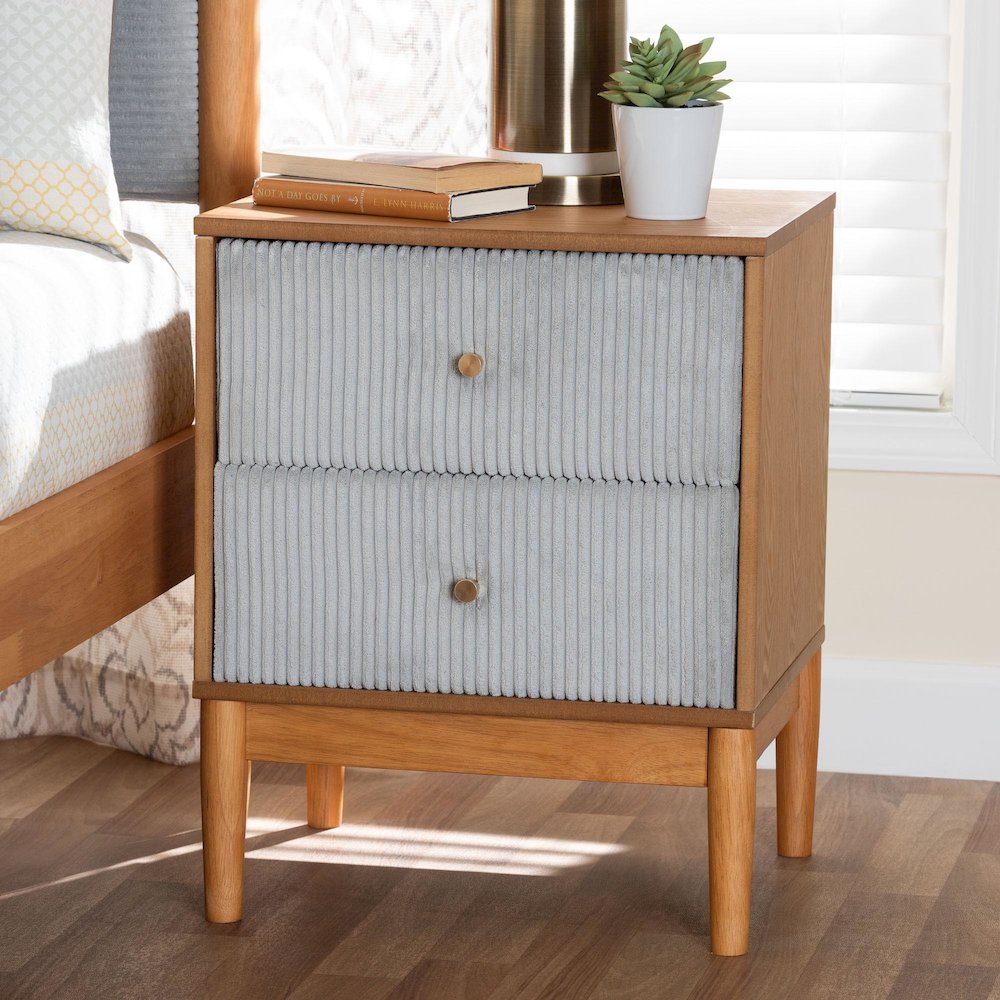 Taylin Mid-Century Grey Corduroy and Oak Brown Wood 2-Drawer Nightstand. Picture 8
