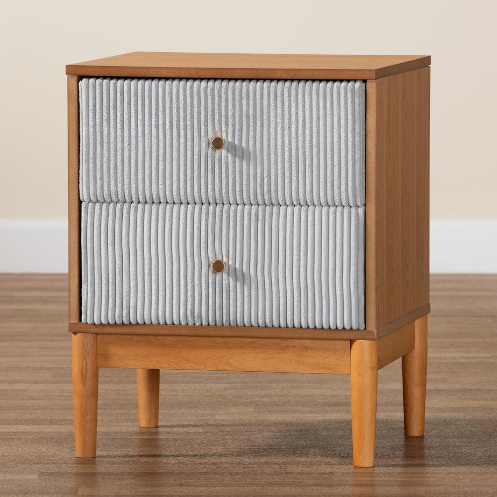 Taylin Mid-Century Grey Corduroy and Oak Brown Wood 2-Drawer Nightstand. Picture 9