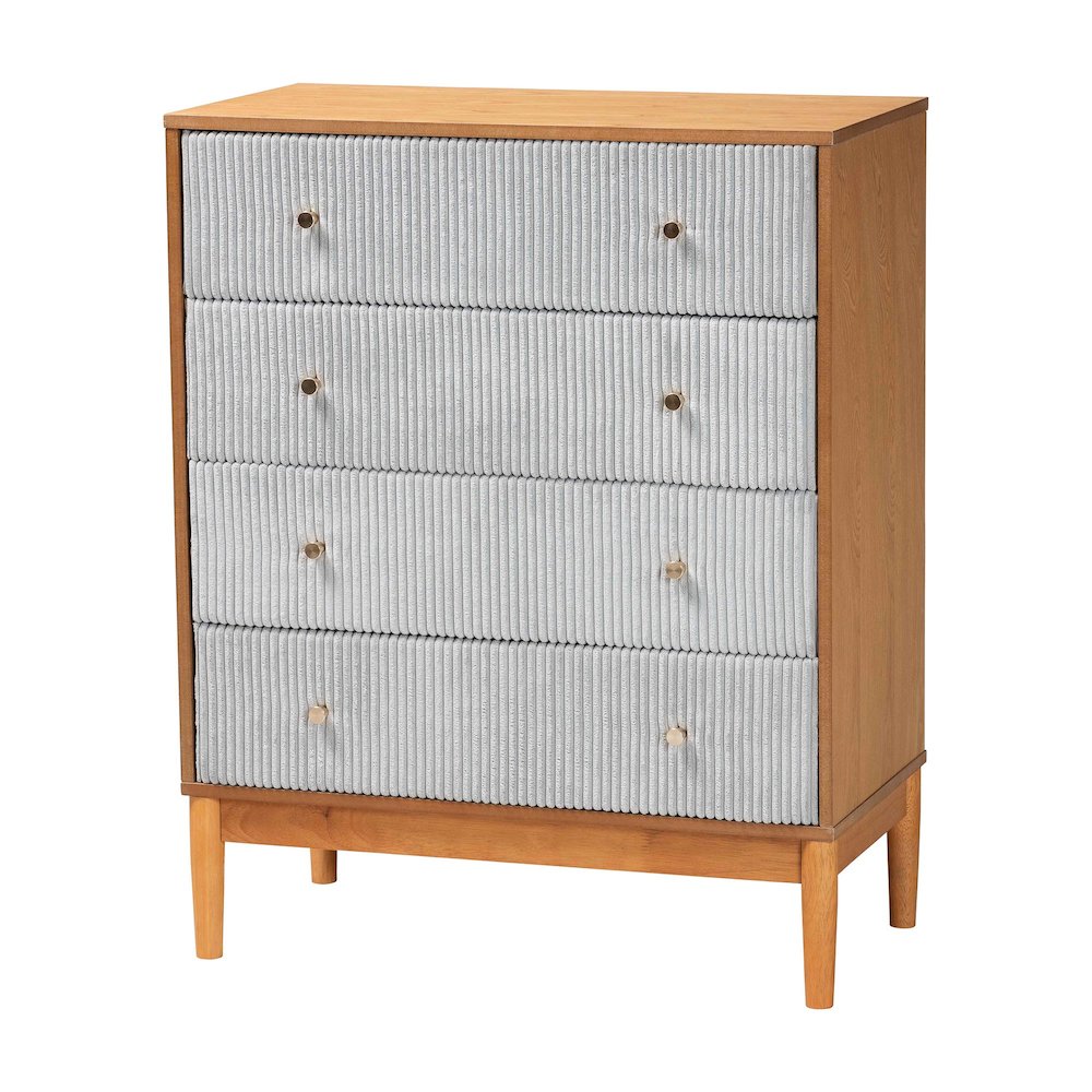 Taylin Mid-Century Grey Corduroy and Oak Brown Wood 4-Drawer Chest. Picture 1