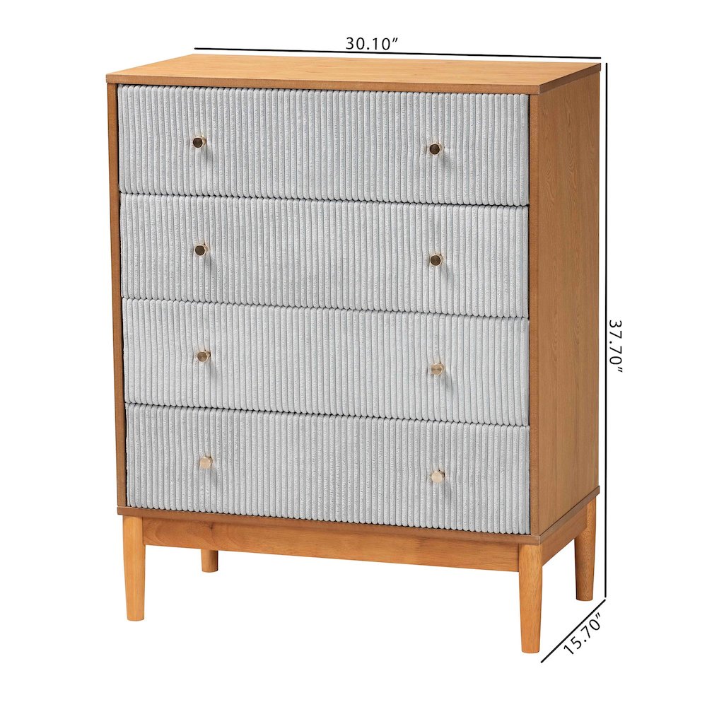 Taylin Mid-Century Grey Corduroy and Oak Brown Wood 4-Drawer Chest. Picture 10