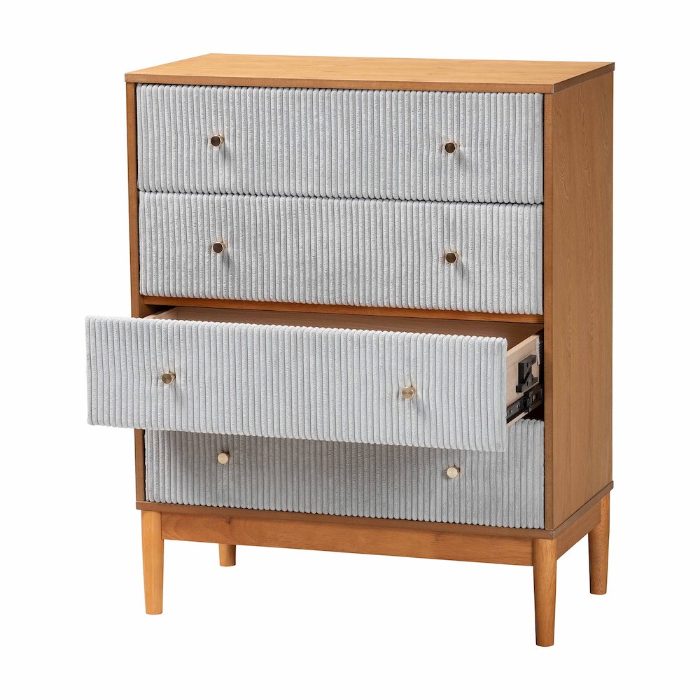 Taylin Mid-Century Grey Corduroy and Oak Brown Wood 4-Drawer Chest. Picture 2